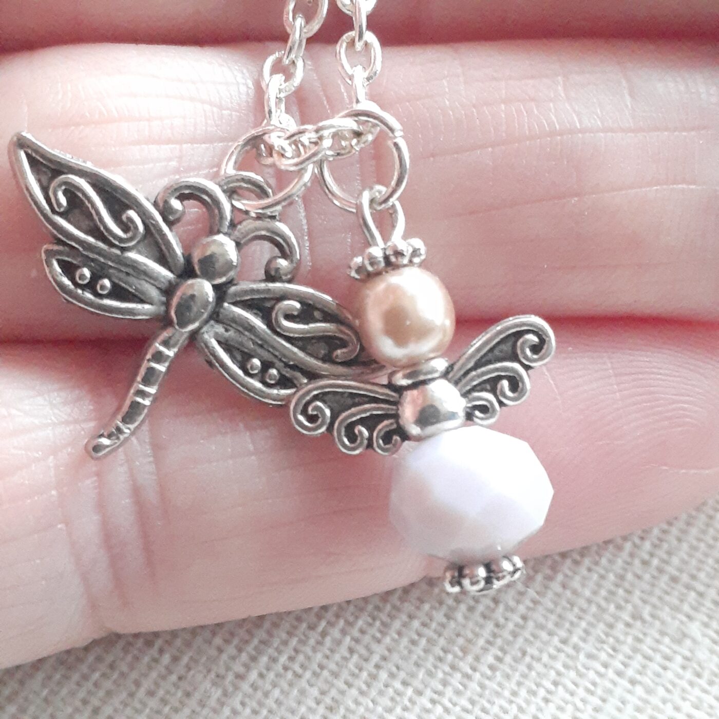 Opaque White Faceted Czech Crystal and Pearl Guardian Angel Charm with a 3D Dragonfly Charm on a Sterling Silver Chain Necklace