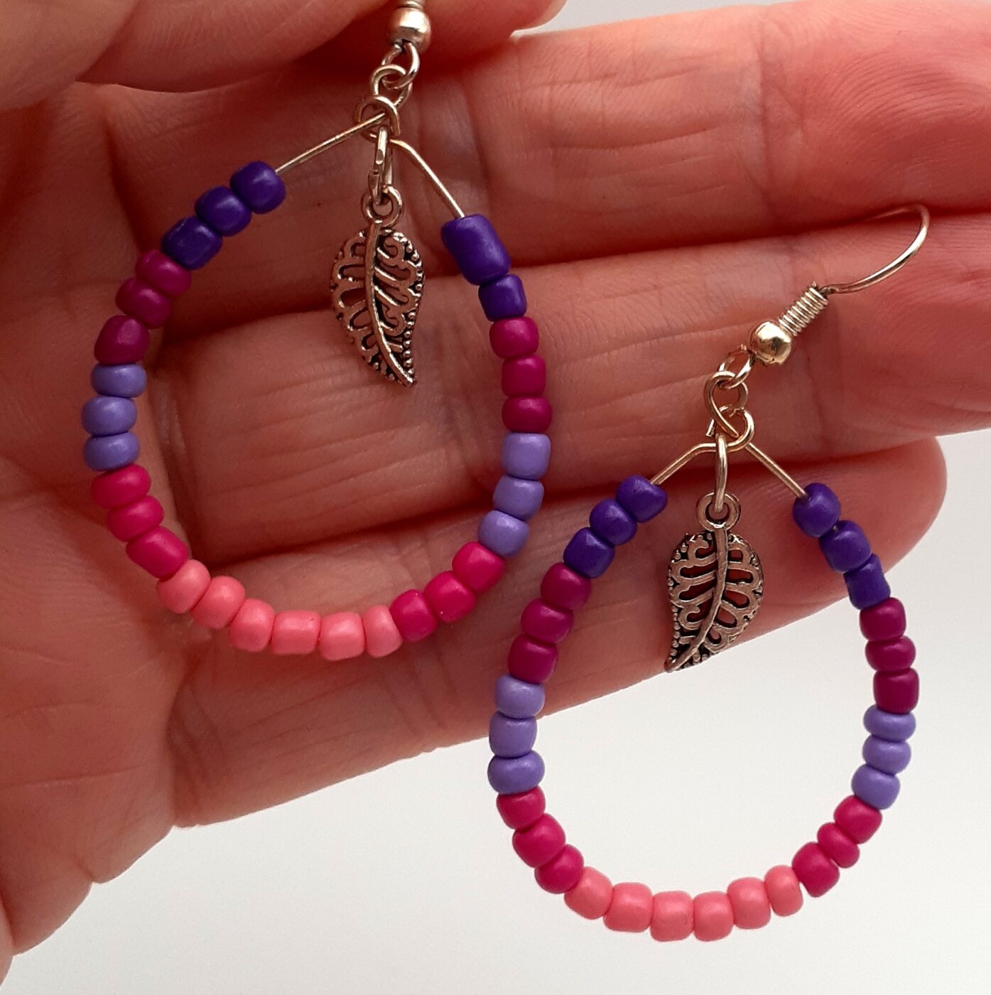 Pink and Purple Seed Bead Hoop Earrings wth Tiny Silver Leaf Charm Dangles