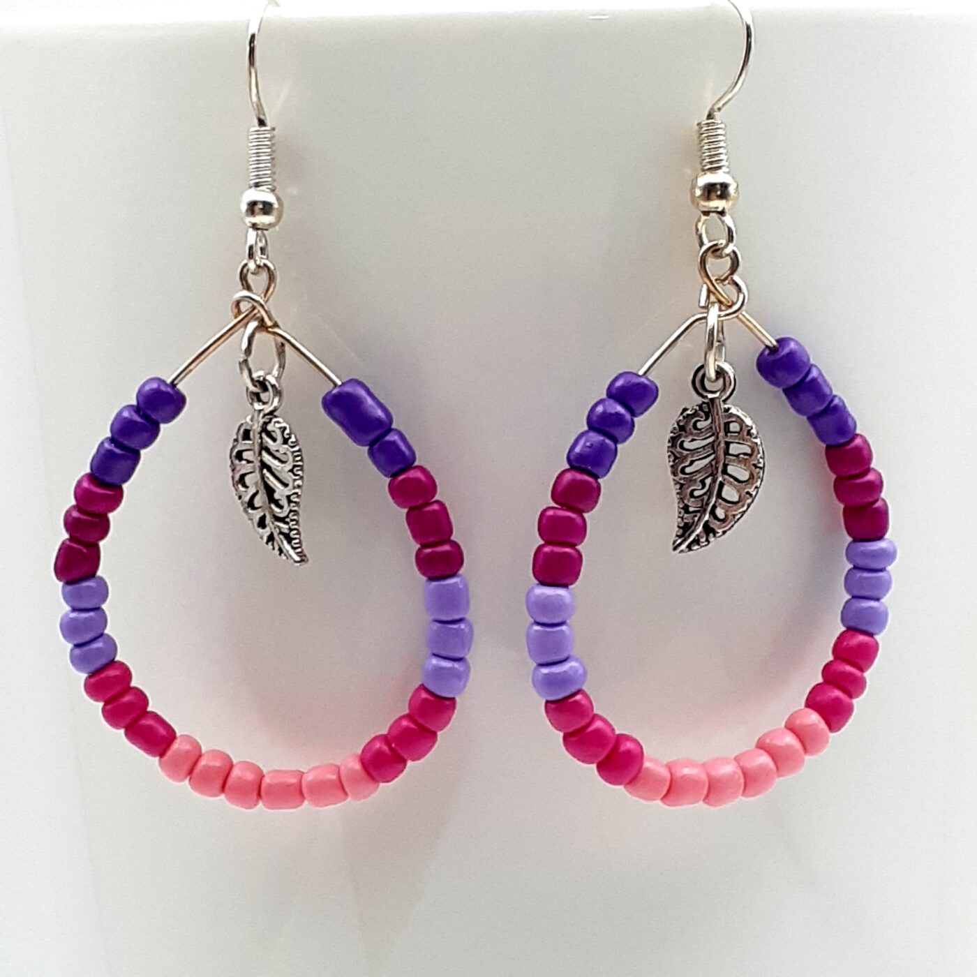 Pink and Purple Seed Bead Hoop Earrings wth Tiny Silver Leaf Charm Dangles