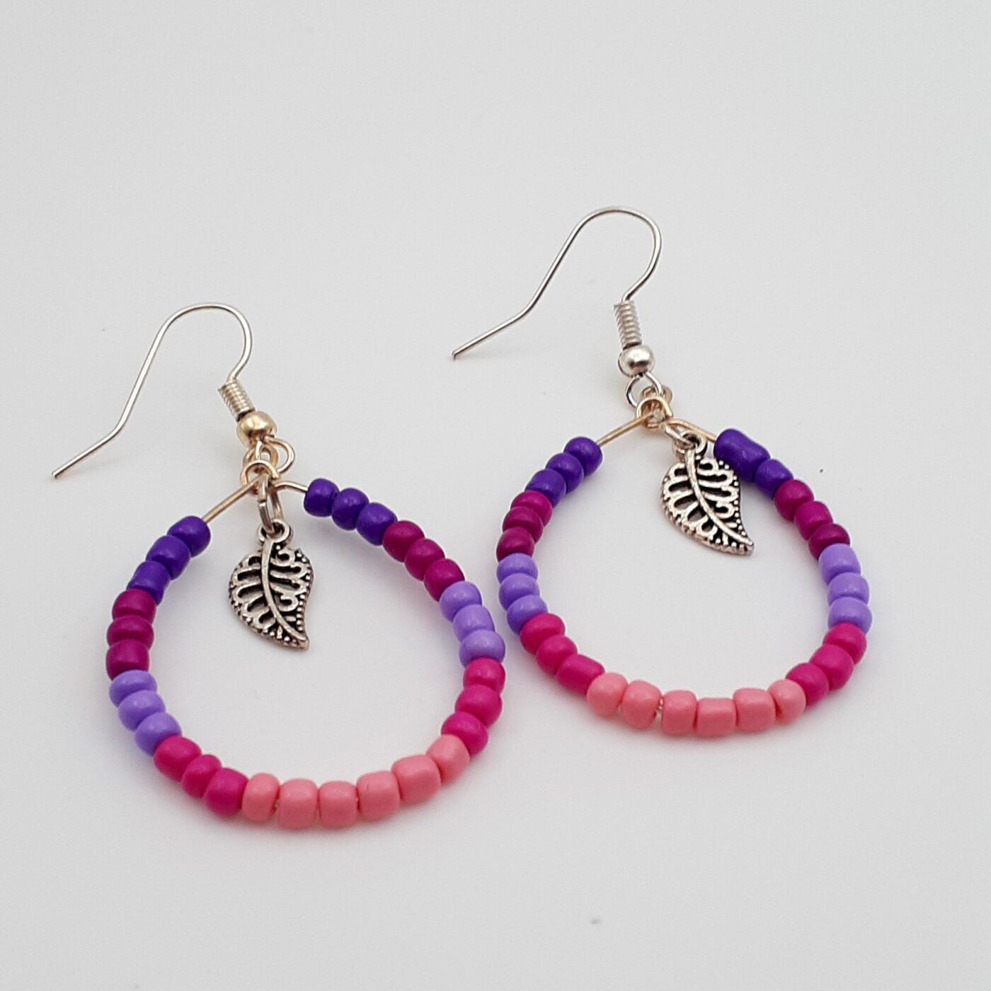 Pink and Purple Seed Bead Hoop Earrings wth Tiny Silver Leaf Charm Dangles