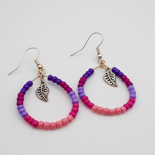 Pink and Purple Seed Bead Hoop Earrings wth Tiny Silver Leaf Charm Dangles
