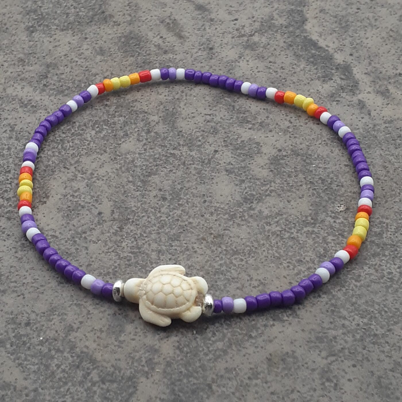 Purple Passion Stretch Colourful Seed Bead Anklet with Seaturtle Stone Charm and Bands of Vibrant Colours