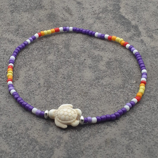 Purple Passion Stretch Colourful Seed Bead Anklet with Seaturtle Stone Charm and Bands of Vibrant Colours