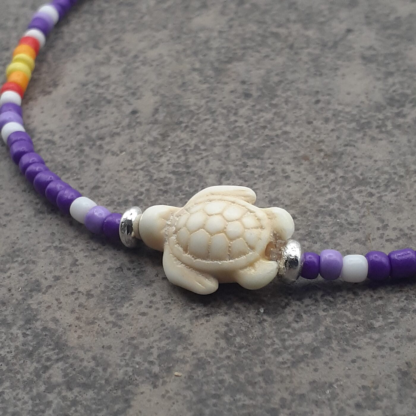 Purple Passion Stretch Colourful Seed Bead Anklet with Seaturtle Stone Charm and Bands of Vibrant Colours