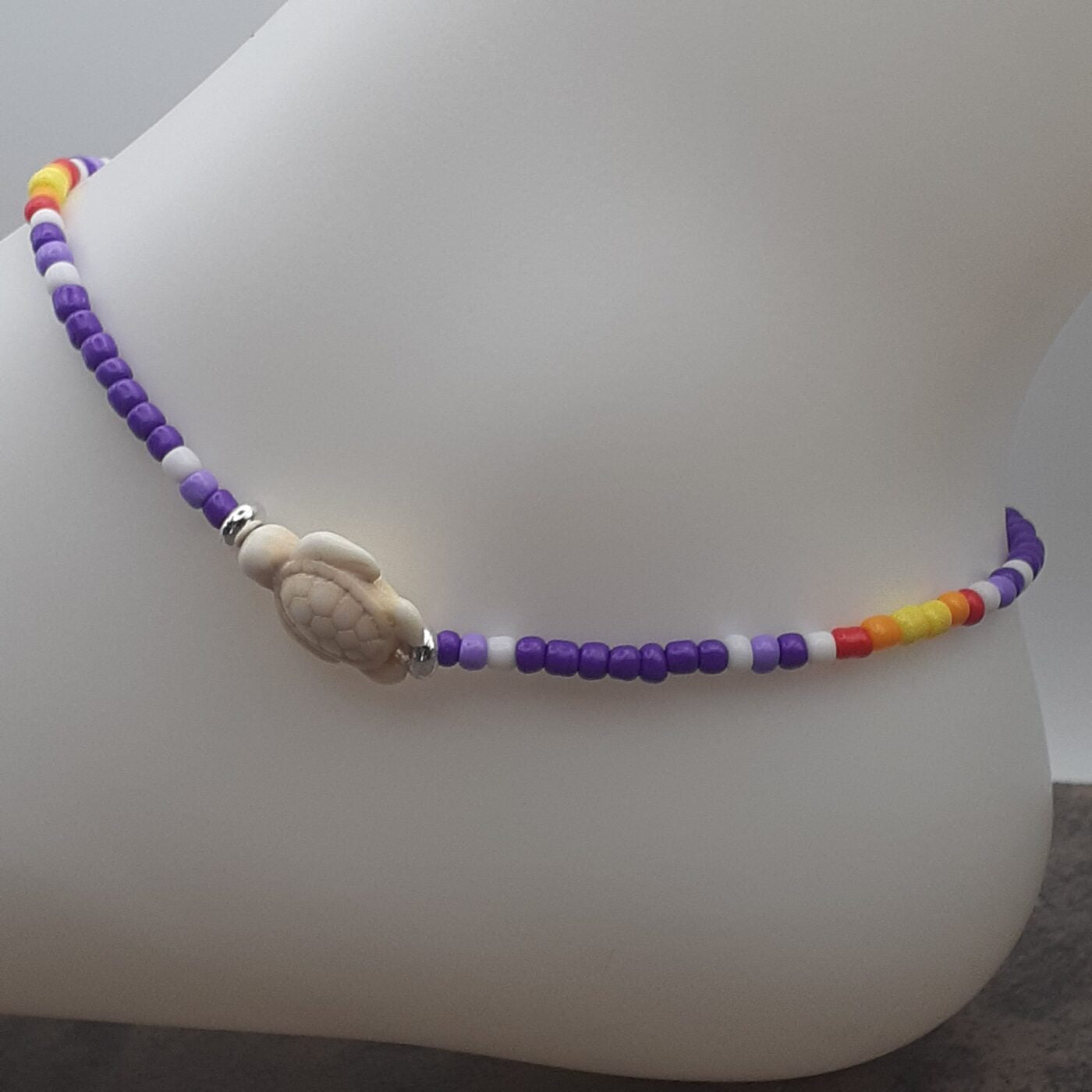 Purple Passion Stretch Colourful Seed Bead Anklet with Seaturtle Stone Charm and Bands of Vibrant Colours