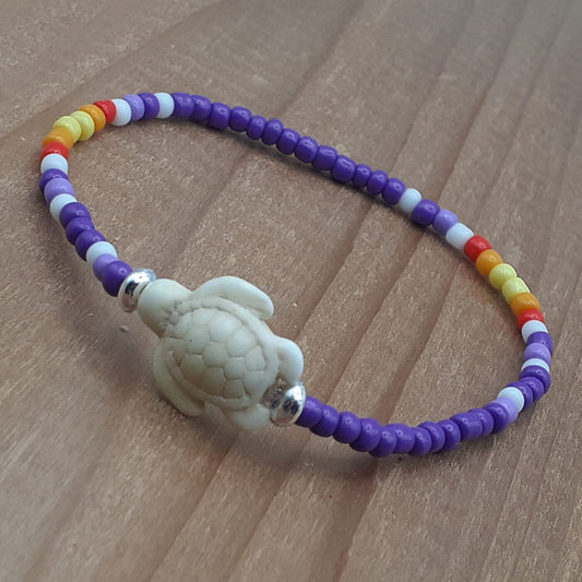 Purple Passion Stretch Colourful Seed Bead Bracelet with Seaturtle Stone Charm and Bands of Vibrant Colours