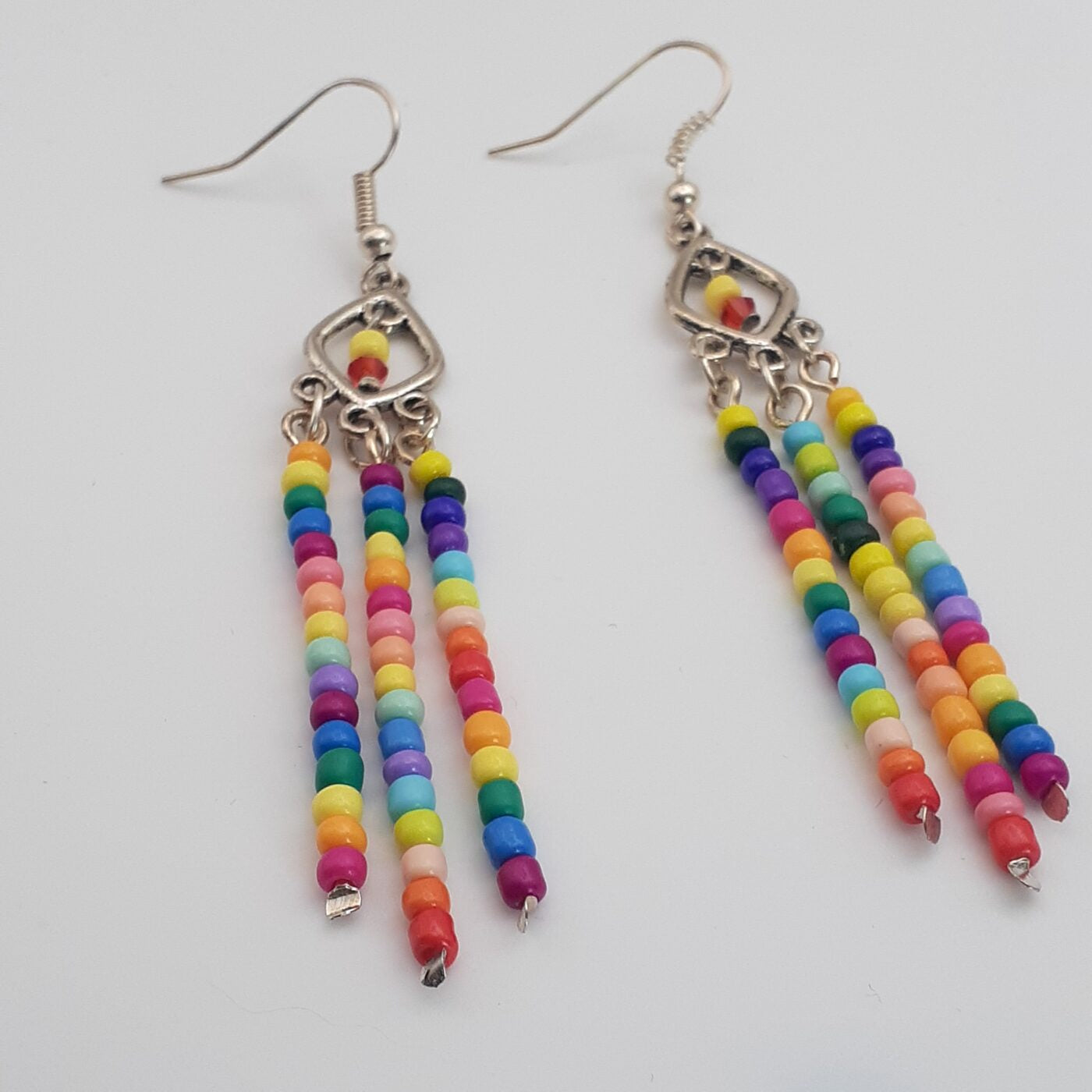 Rainbow fringe seed bead silver dangle earrings