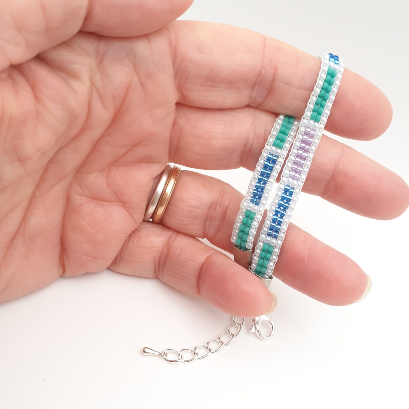 Rectangle Southwest Style Turquoise Blue and Lilac Purple Thin Miyuki Glass Seed Bead Bracelet