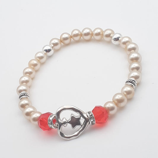 Red crystal heart and star pearl stretch bracelet