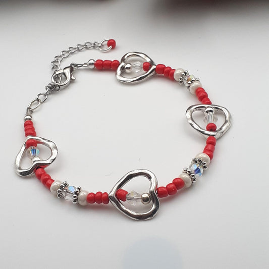 Red Seed Bead Heart Charm Bracelet with Sparkling Swarovski Crystals