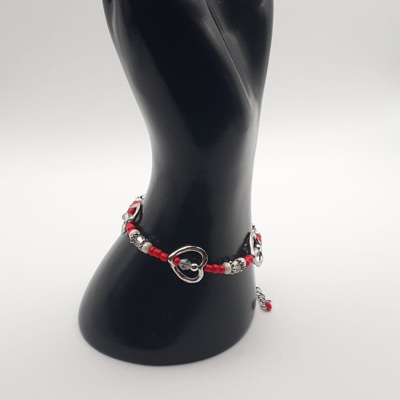 Red Seed Bead Heart Charm Bracelet with Sparkling Swarovski Crystals