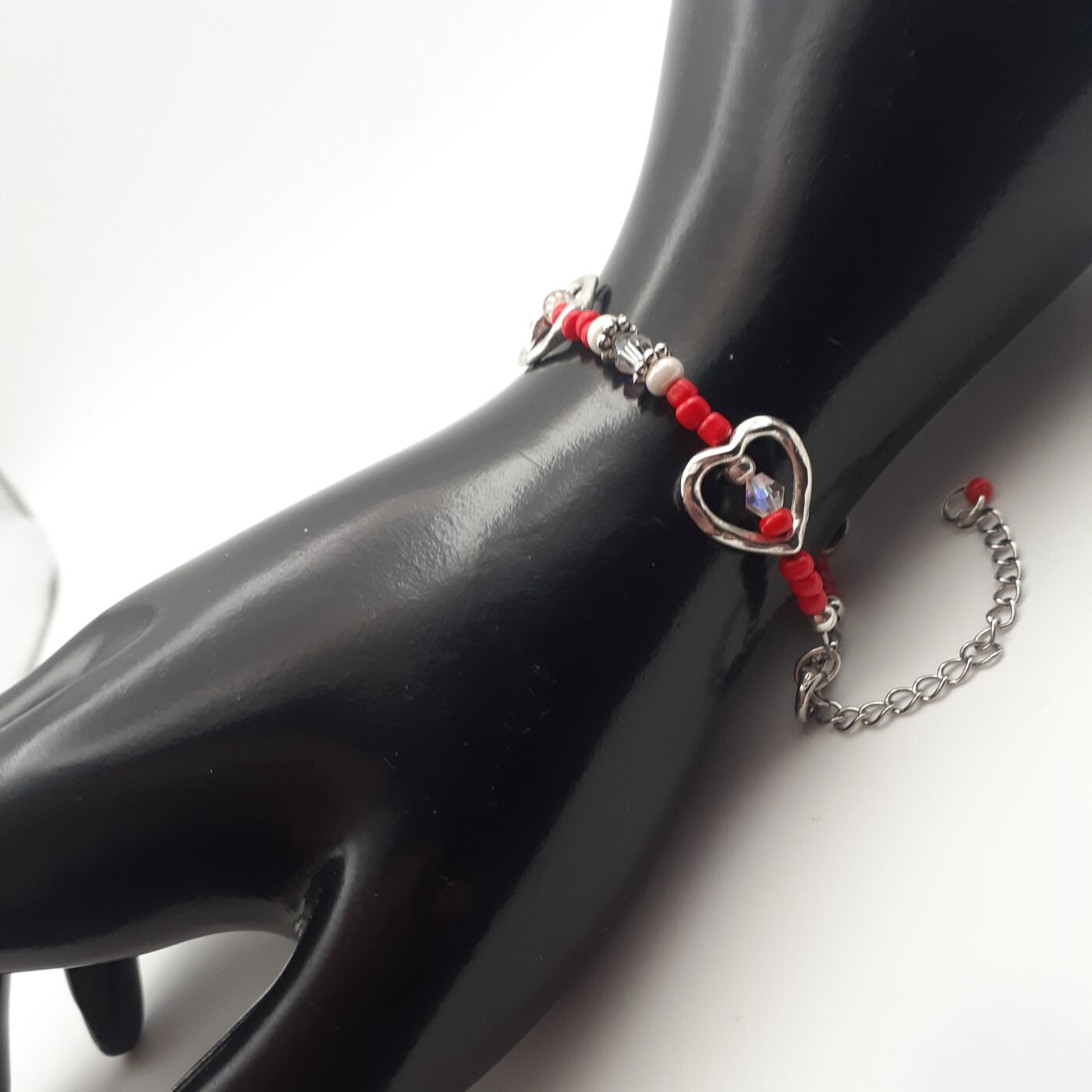 Red Seed Bead Heart Charm Bracelet with Sparkling Swarovski Crystals