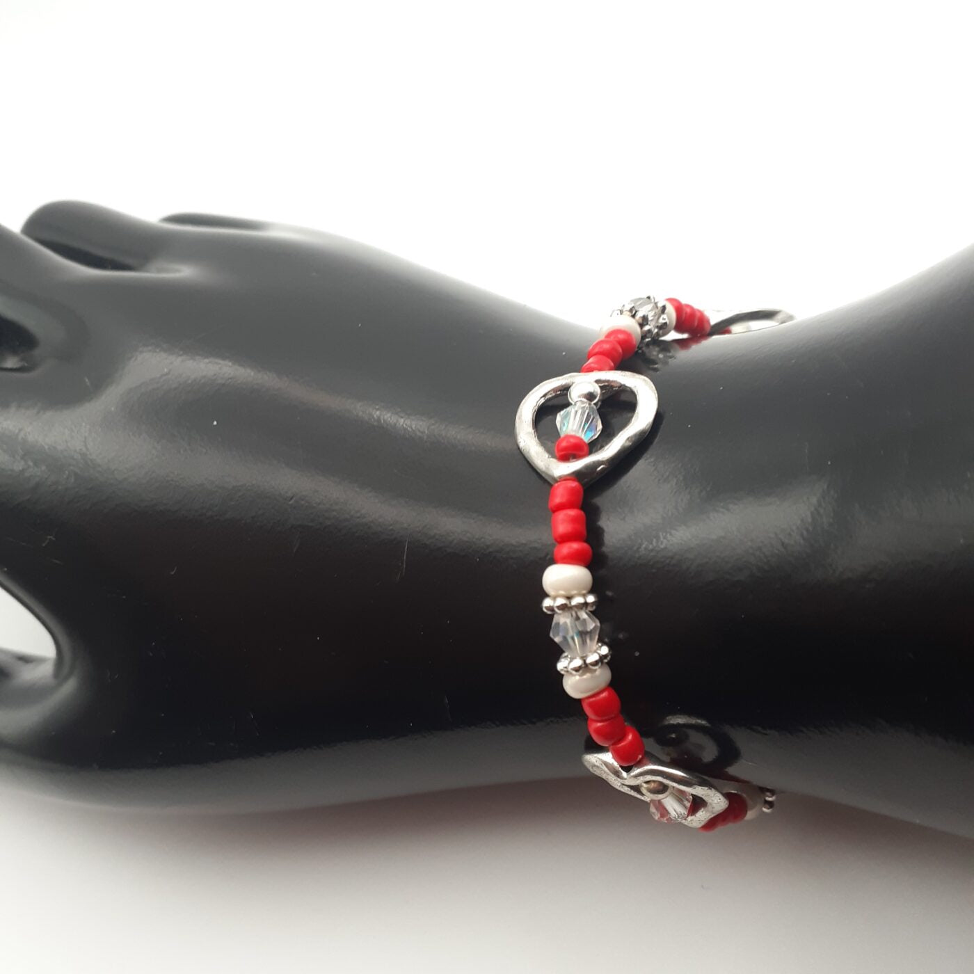 Red Seed Bead Heart Charm Bracelet with Sparkling Swarovski Crystals