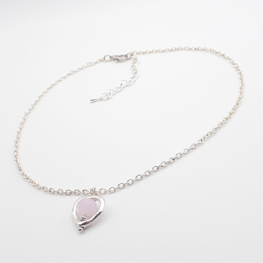 Rose Quartz Faceted Crystal Bead Heart Shaped Pendant Sterling Silver Chain Necklace