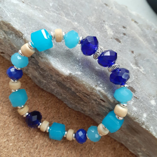 Royal Blue Glass Faceted Czech Crystal Beads and Sky Blue Cube Beads Stretch Bracelet