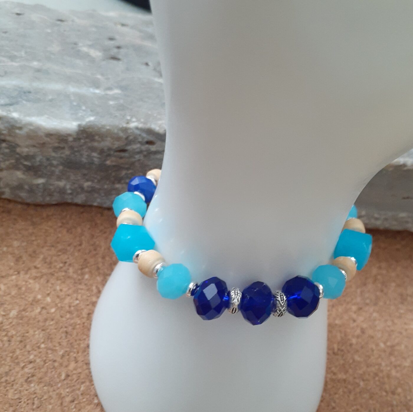 Royal Blue Glass Faceted Czech Crystal Beads and Sky Blue Cube Beads Stretch Bracelet