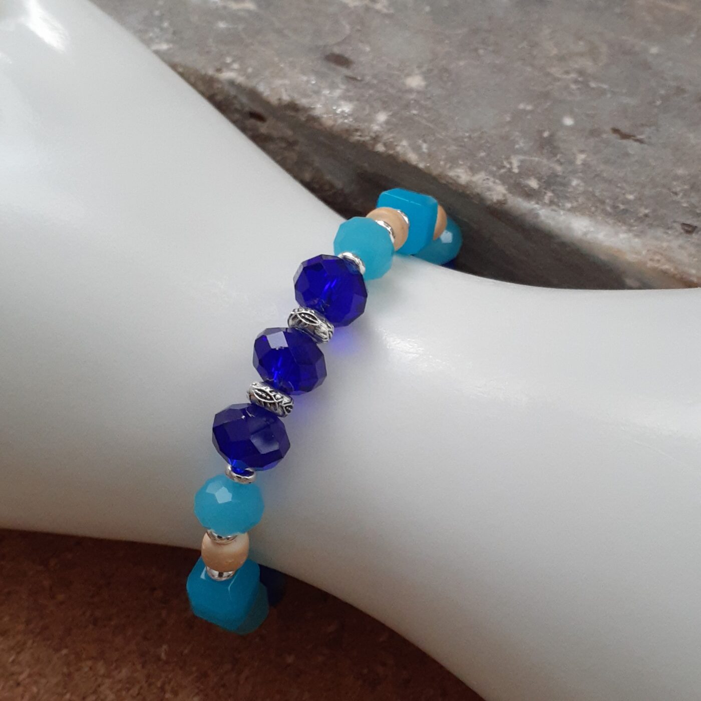 Royal Blue Glass Faceted Czech Crystal Beads and Sky Blue Cube Beads Stretch Bracelet