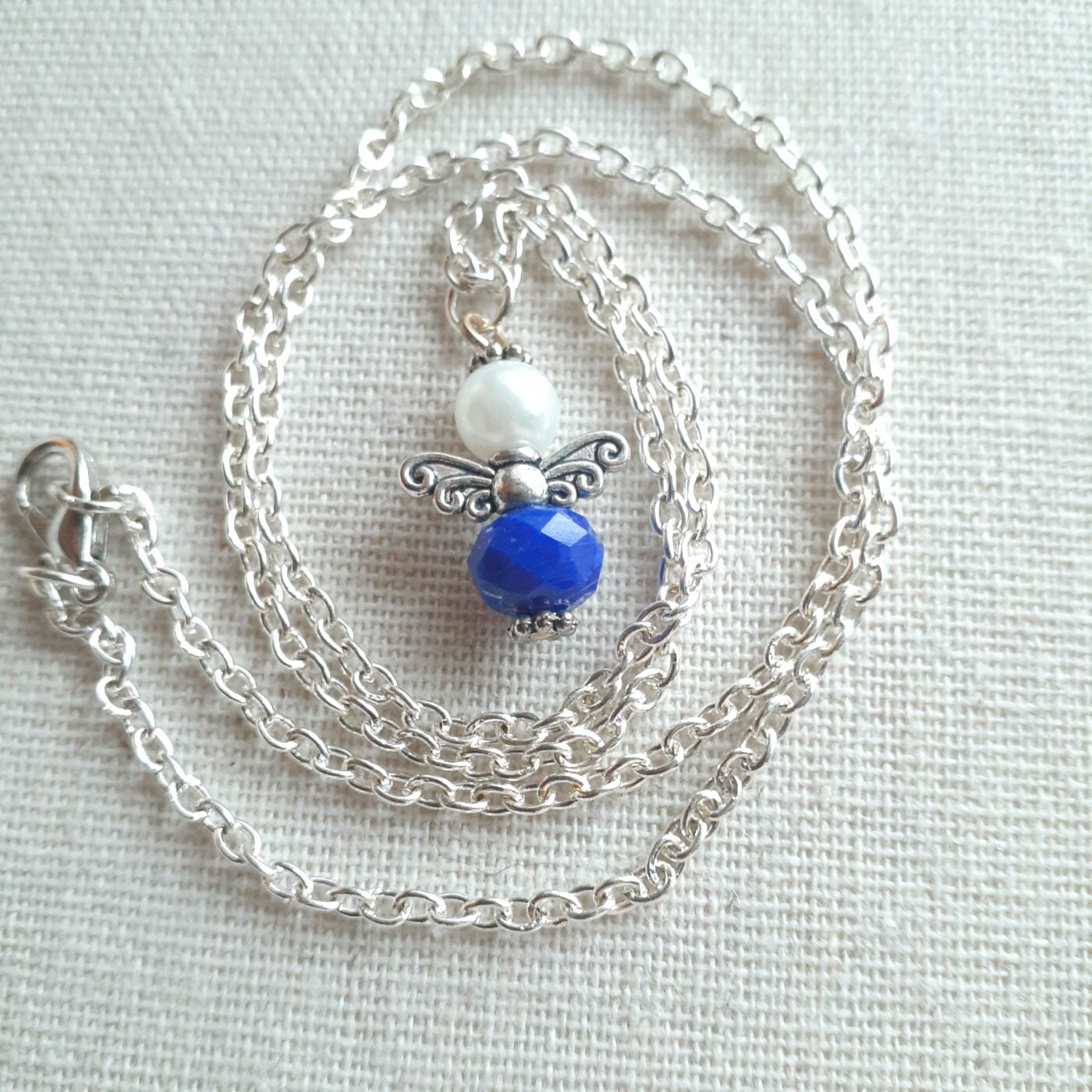 Sentiments Collection Opaque Blue Faceted Crystal and Pearl Tiny Guardian Angel Charm on a Sterling Silver Chain Necklace