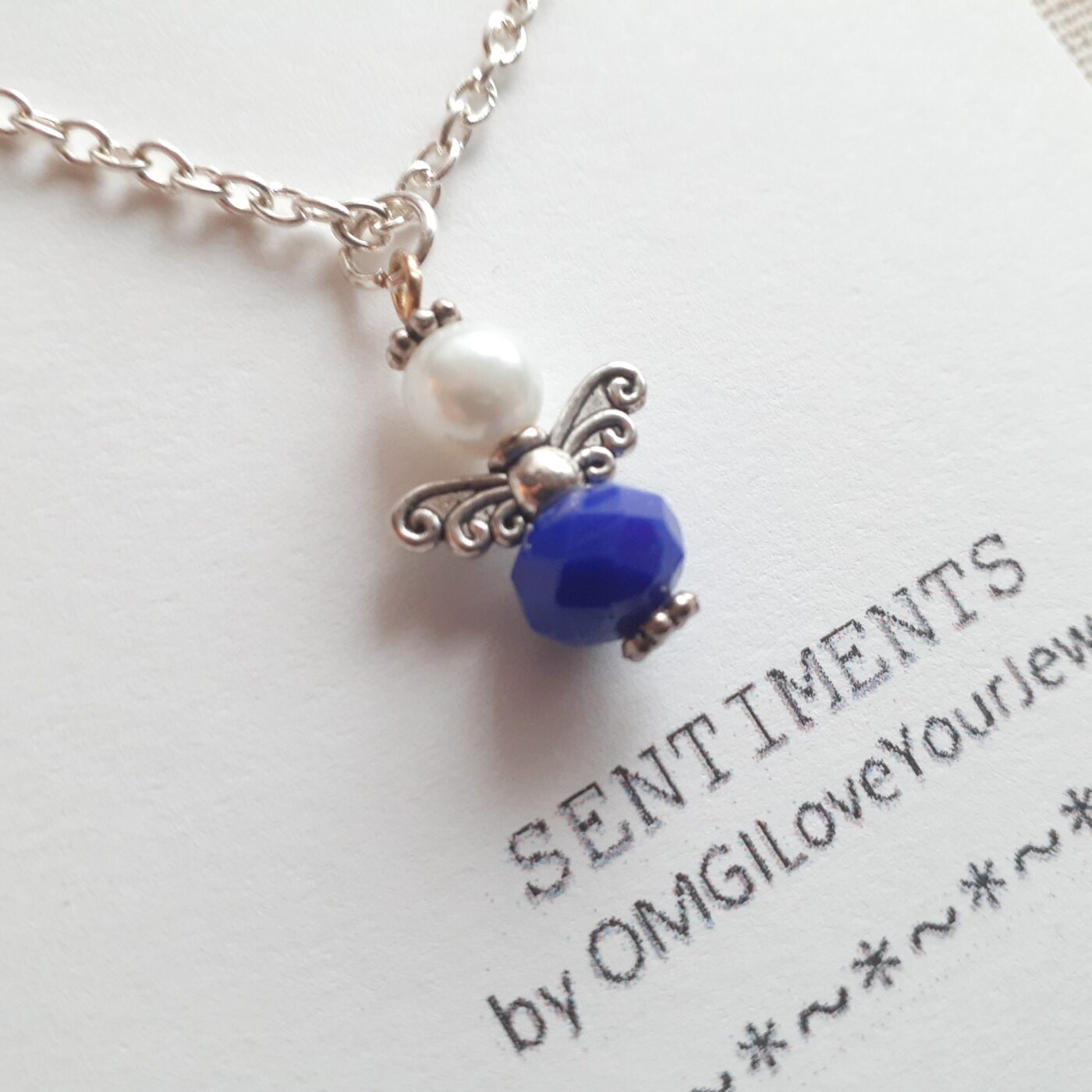 Sentiments Collection Opaque Blue Faceted Crystal and Pearl Tiny Guardian Angel Charm on a Sterling Silver Chain Necklace