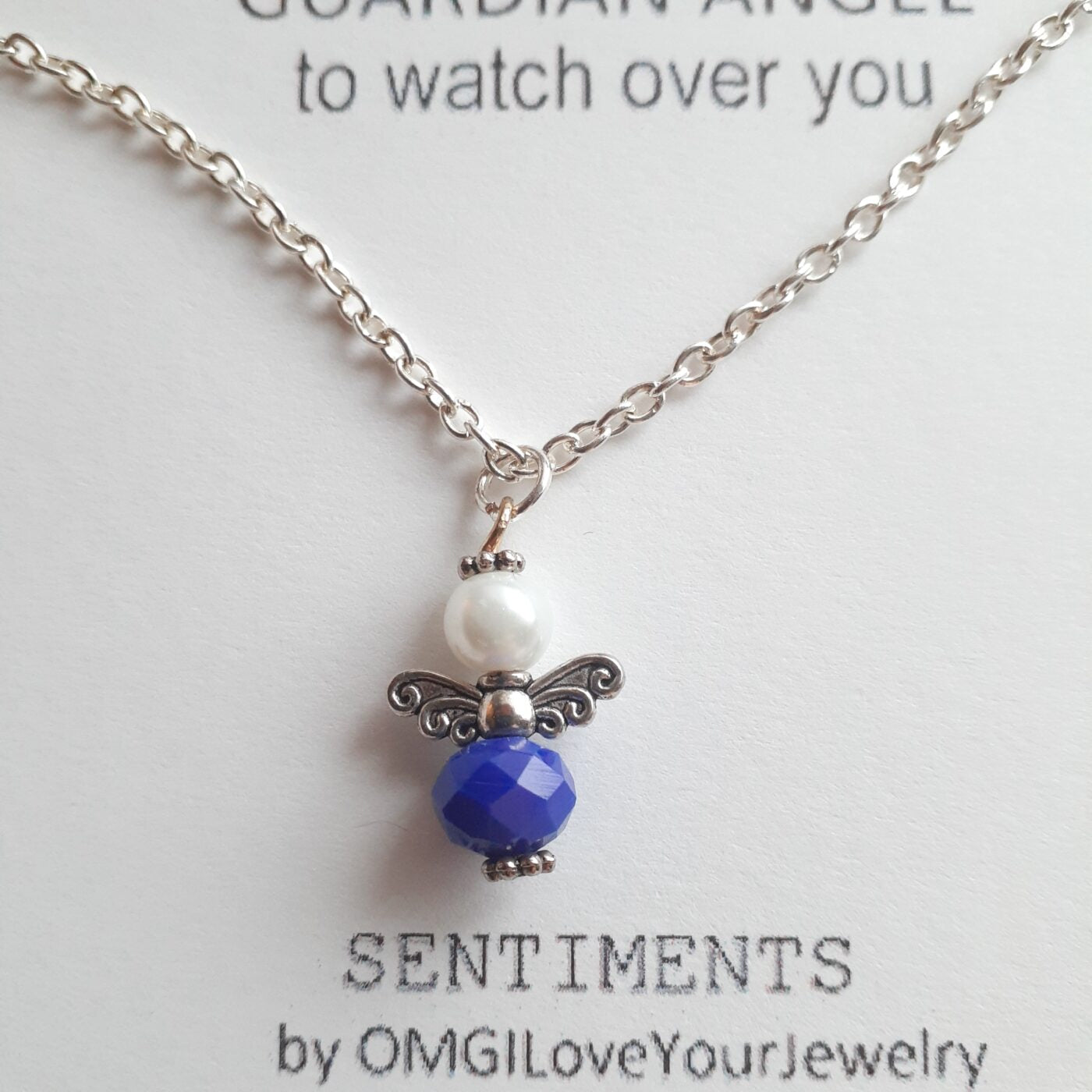 Sentiments Collection Opaque Blue Faceted Crystal and Pearl Tiny Guardian Angel Charm on a Sterling Silver Chain Necklace