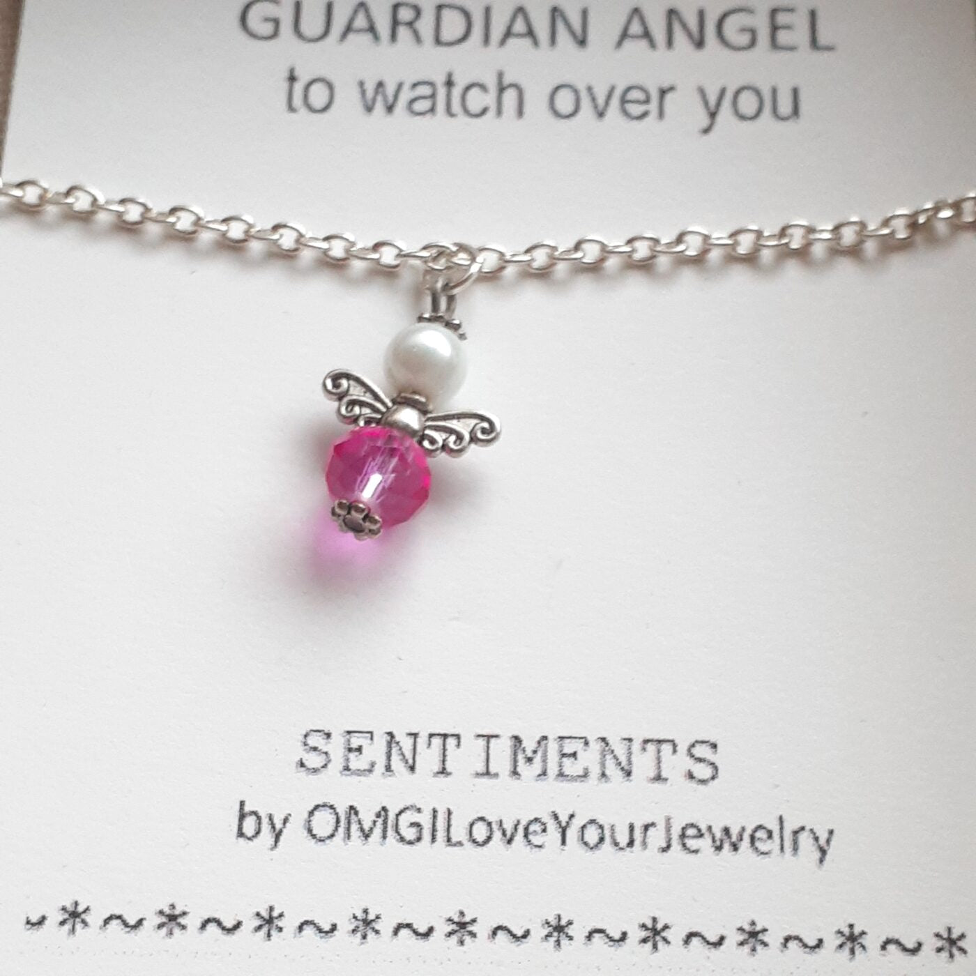 Sentiments Collection Pink Faceted Czech Crystal and Pearl Tiny Guardian Angel Charm on a Sterling Silver Chain Necklace