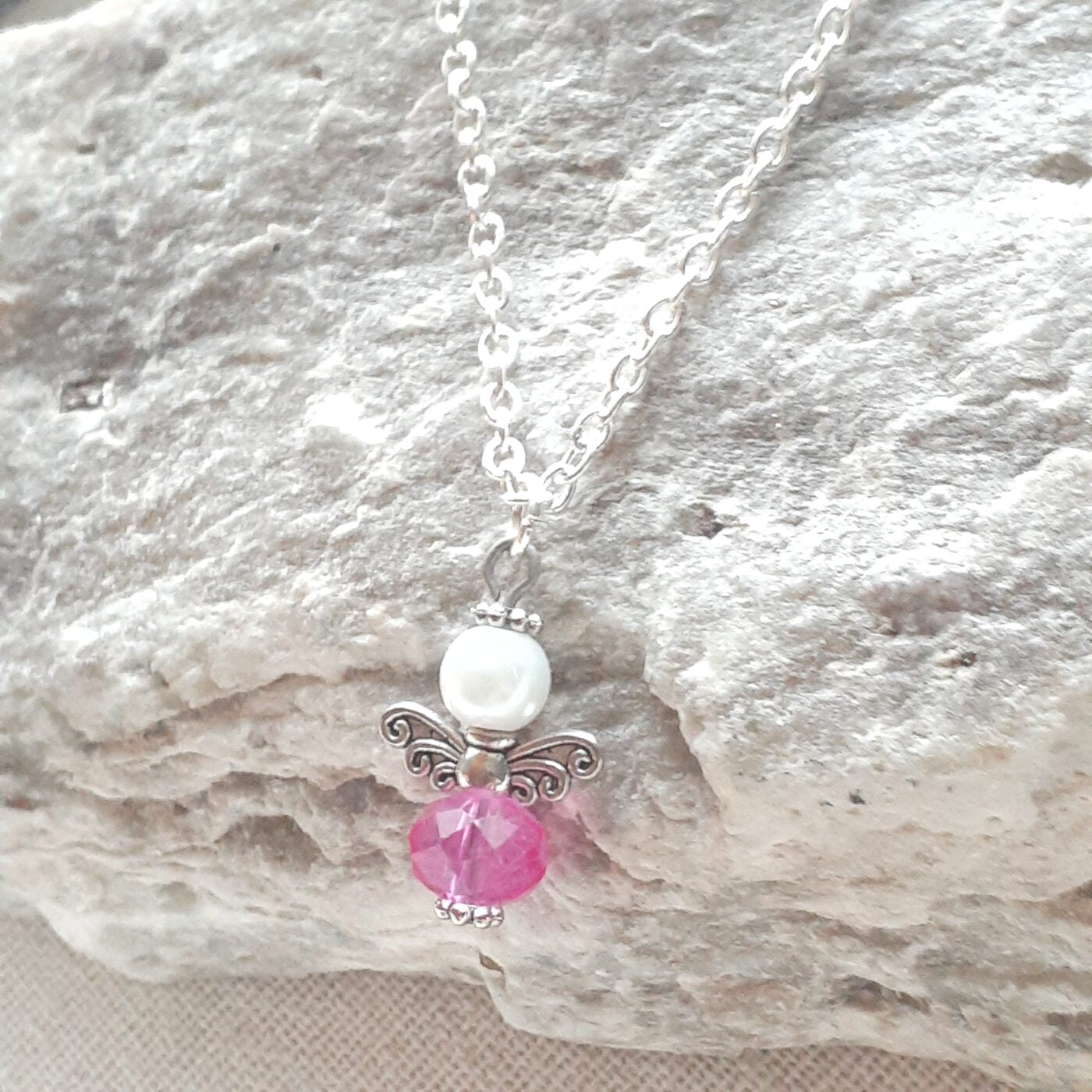 Sentiments Collection Pink Faceted Czech Crystal and Pearl Tiny Guardian Angel Charm on a Sterling Silver Chain Necklace