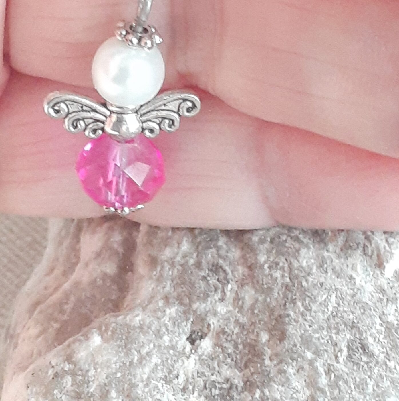 Sentiments Collection Pink Faceted Czech Crystal and Pearl Tiny Guardian Angel Charm on a Sterling Silver Chain Necklace