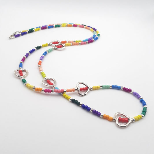 Set of 2 Long Bright Colourful Seed Bead Heart Charm Necklaces