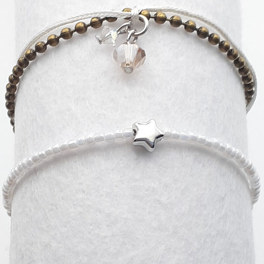Set of 2 White Seed Bead and Ball Chain Thin Bracelets with Satin Cord Star and Crystals