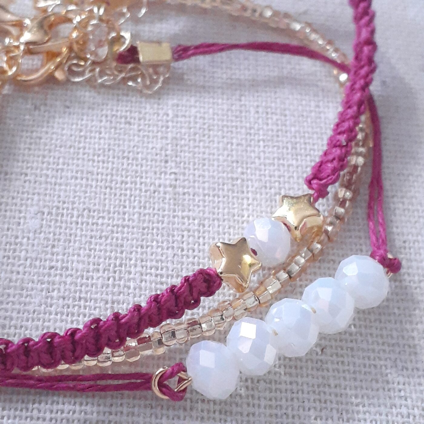 Set of 3 Fushia Pink Thin Beaded Macrame Cord Bracelets