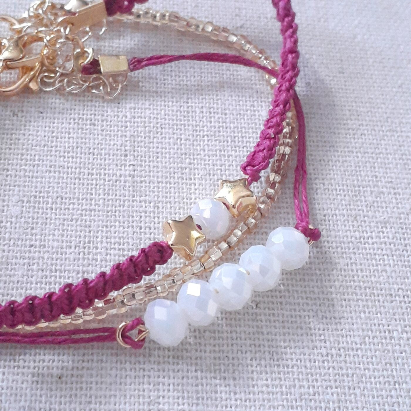 Set of 3 Fushia Pink Thin Beaded Macrame Cord Bracelets