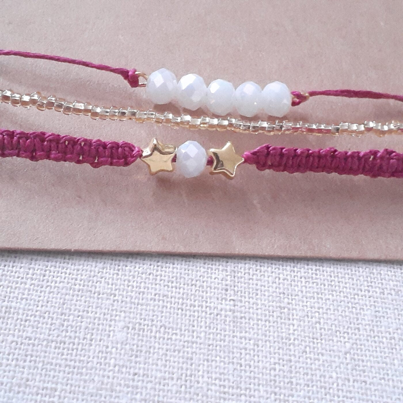 Set of 3 Fushia Pink Thin Beaded Macrame Cord Bracelets