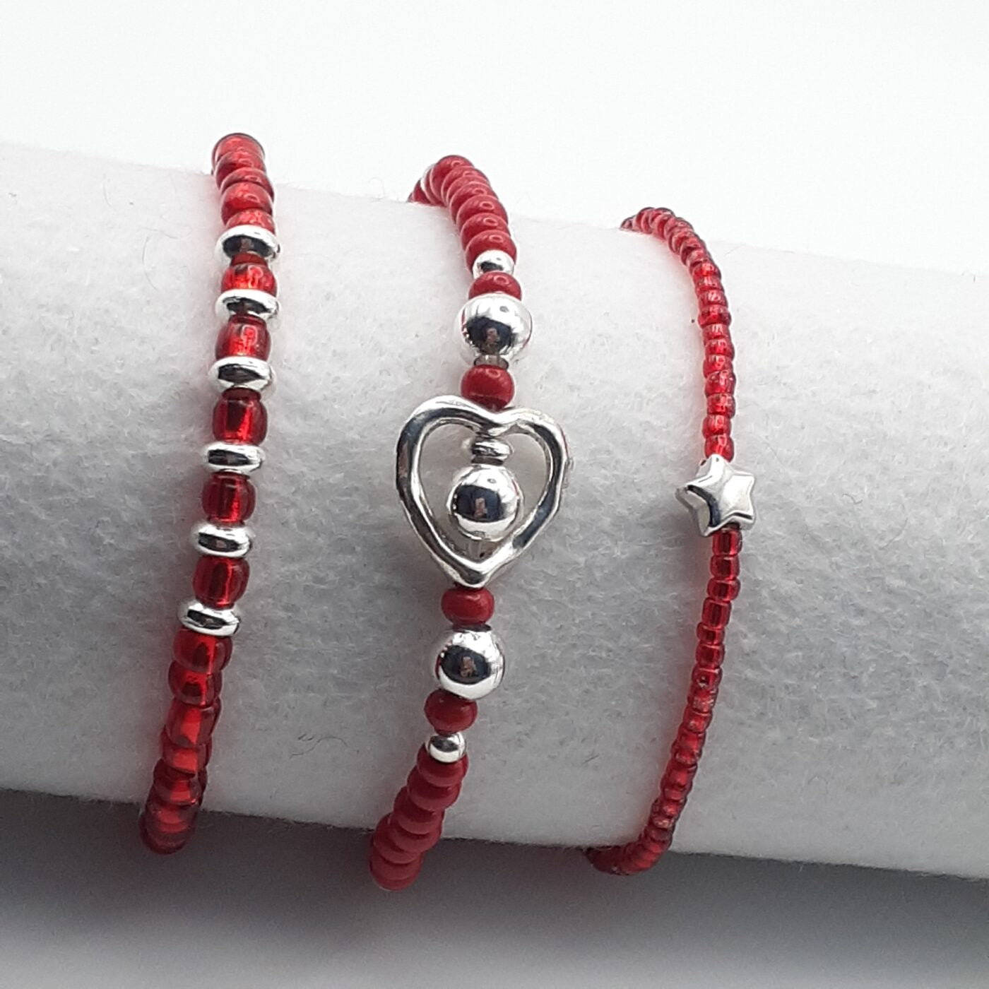 Set of 3 Red and Silver Thin Seed Bead Stretch-Style Bracelets with Heart Charm and Star