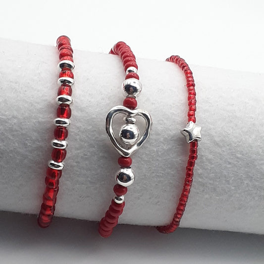 Set of 3 Red and Silver Thin Seed Bead Stretch-Style Bracelets with Heart Charm and Star