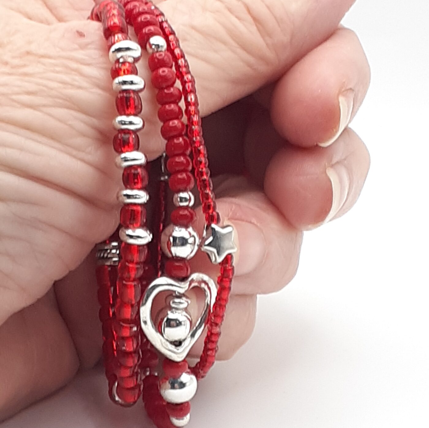 Set of 3 Red and Silver Thin Seed Bead Stretch-Style Bracelets with Heart Charm and Star