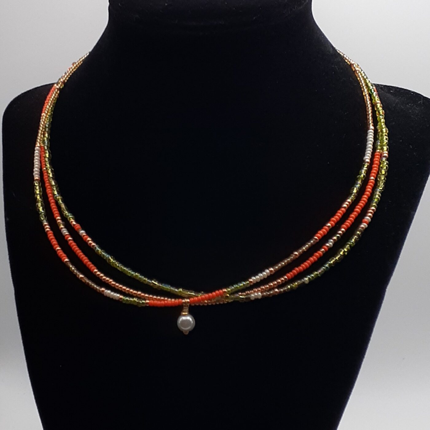 Set of 3 Seed Bead Necklaces Short and Sassy Colourful Orange Green and Gold with Pearl Pendant