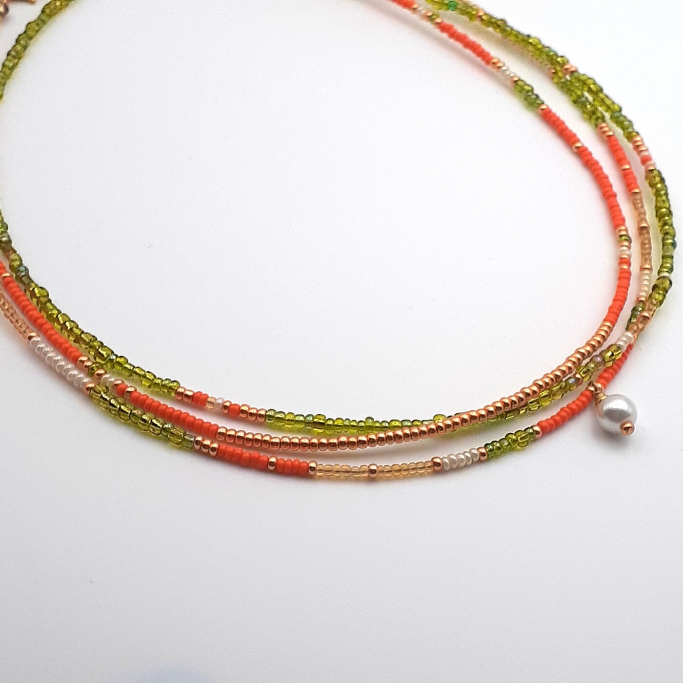 Set of 3 Seed Bead Necklaces Short and Sassy Colourful Orange Green and Gold with Pearl Pendant