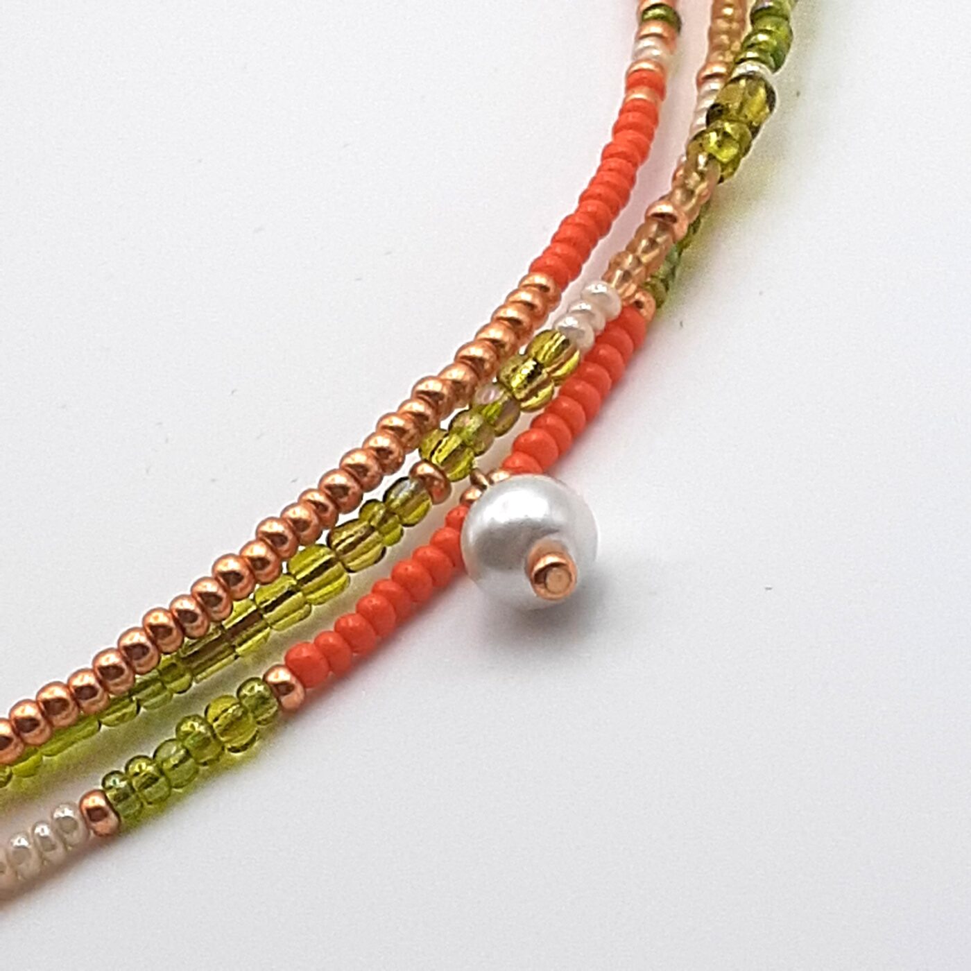 Set of 3 Seed Bead Necklaces Short and Sassy Colourful Orange Green and Gold with Pearl Pendant