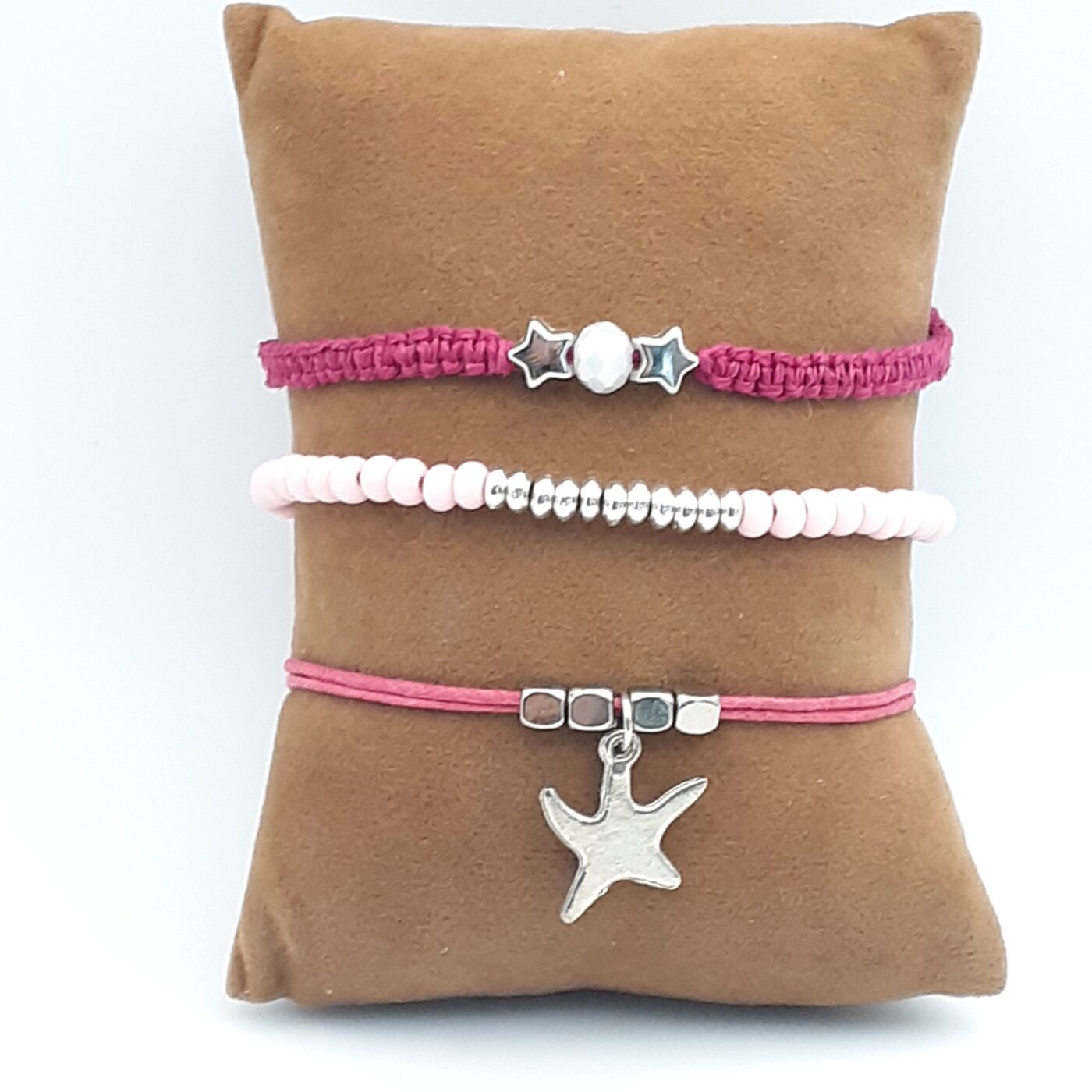 Set of 3 Thin Bracelets Pink Hemp Macrame Silver Stars and Crystal and Pastel Pink Stretch-Style Bracelet and Deep Pink Adjustable Cord Bracelet