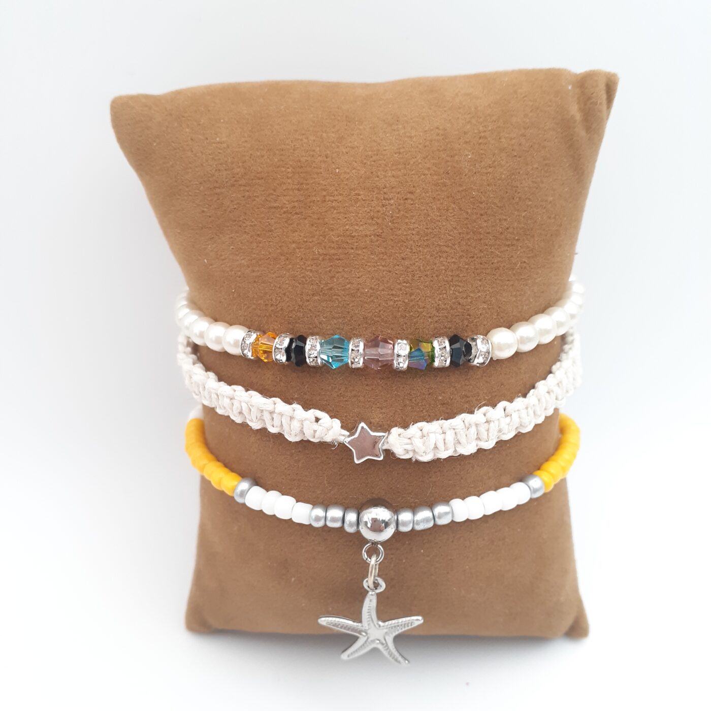 Set of 3 Thin White Hemp Macrame Star Bracelet with a White Pearl and Colourful Swarovski Crystal Bracelet plus a Sunny Yellow and Silver Seed Bead Bracelet