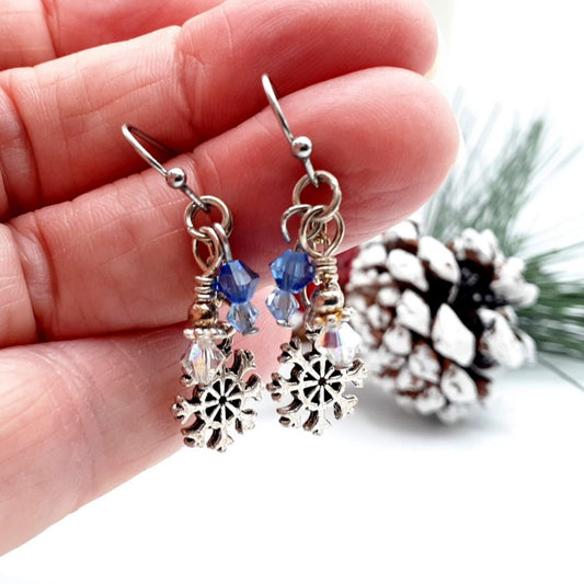 Silver Snowflake Charm Dangle Earrings with Icy Blue and Clear Swarovski Sparkling Crystals