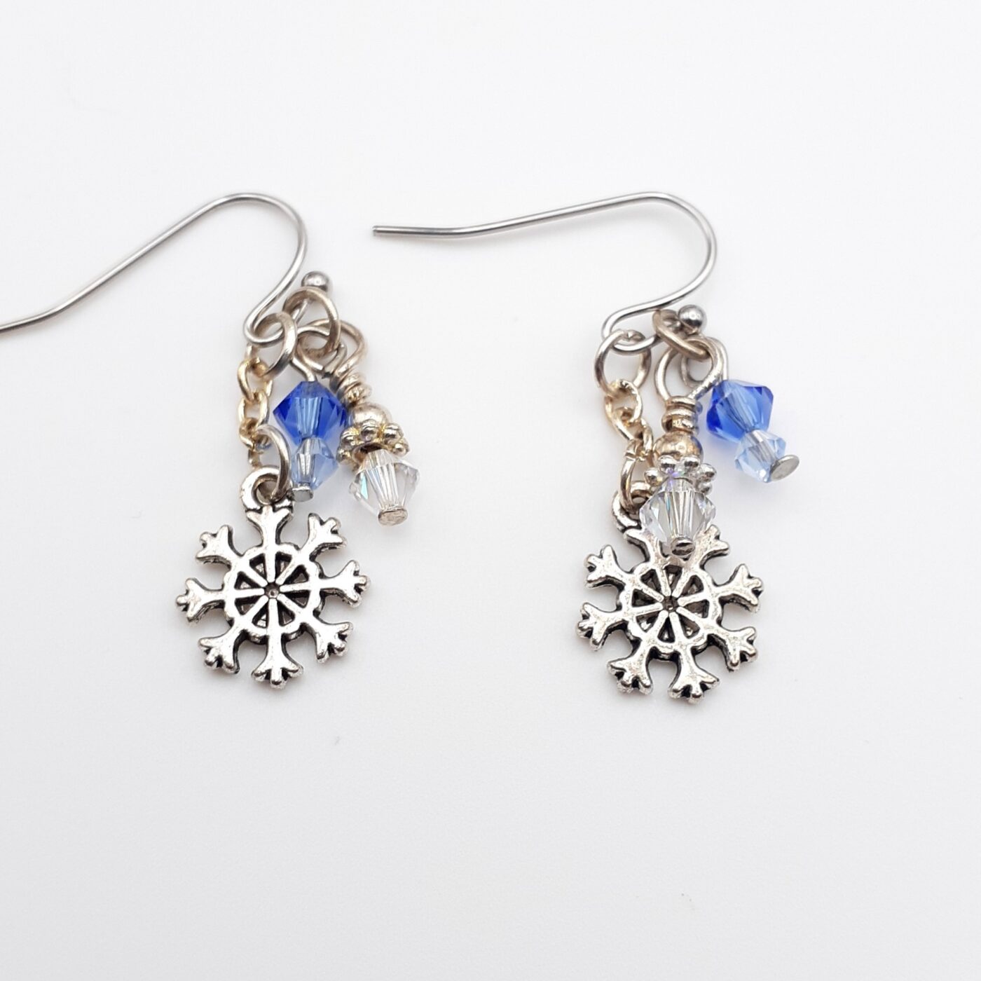 Silver Snowflake Charm Dangle Earrings with Icy Blue and Clear Swarovski Sparkling Crystals