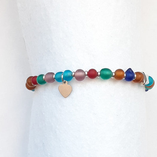 Silver Stars Frosted Colourful Beaded Adjustable Bracelet with a Tiny Heart Charm