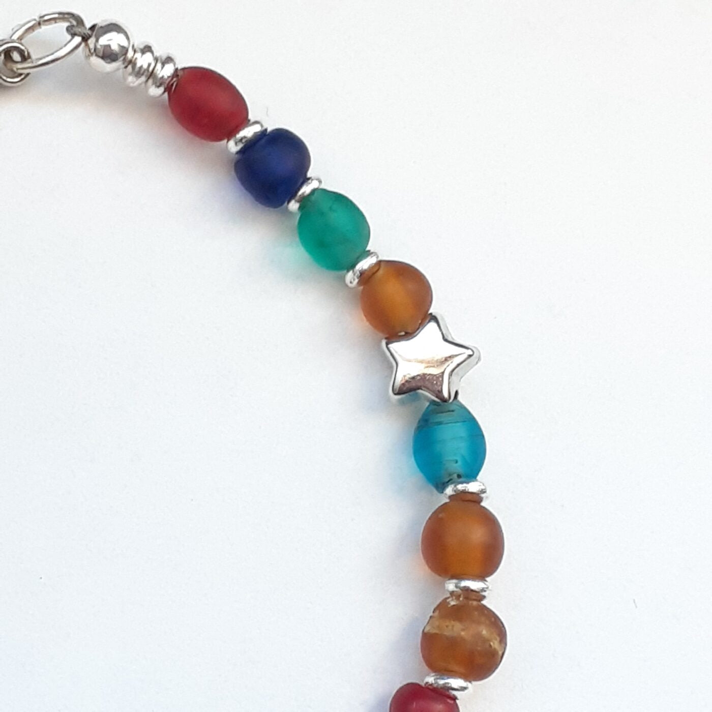 Silver Stars Frosted Colourful Beaded Adjustable Bracelet with a Tiny Heart Charm