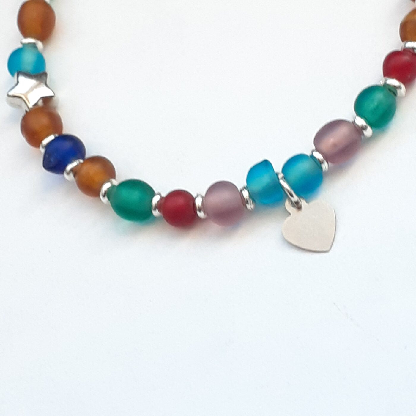 Silver Stars Frosted Colourful Beaded Adjustable Bracelet with a Tiny Heart Charm