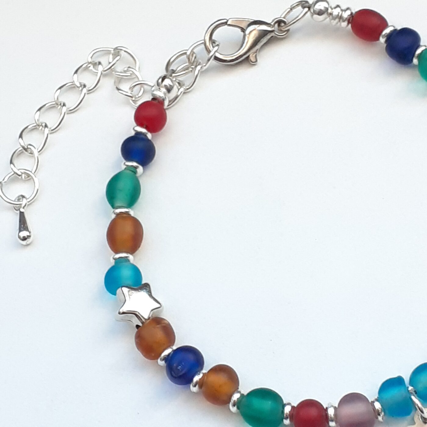 Silver Stars Frosted Colourful Beaded Adjustable Bracelet with a Tiny Heart Charm