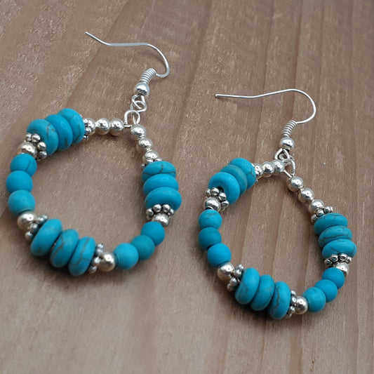Simple Elegance Earrings Blue Dyed Turquoise Howlite Beads and Silver Spacer Beaded Hoops