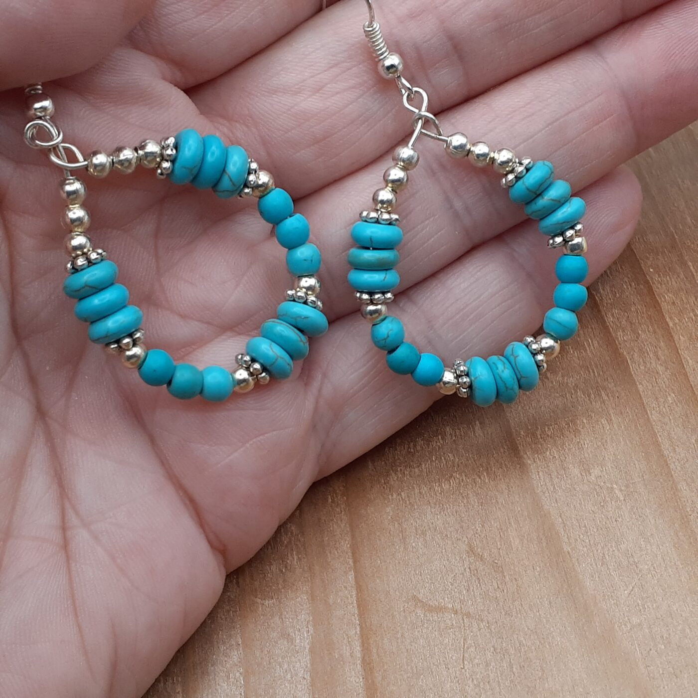 Simple Elegance Earrings Blue Dyed Turquoise Howlite Beads and Silver Spacer Beaded Hoops