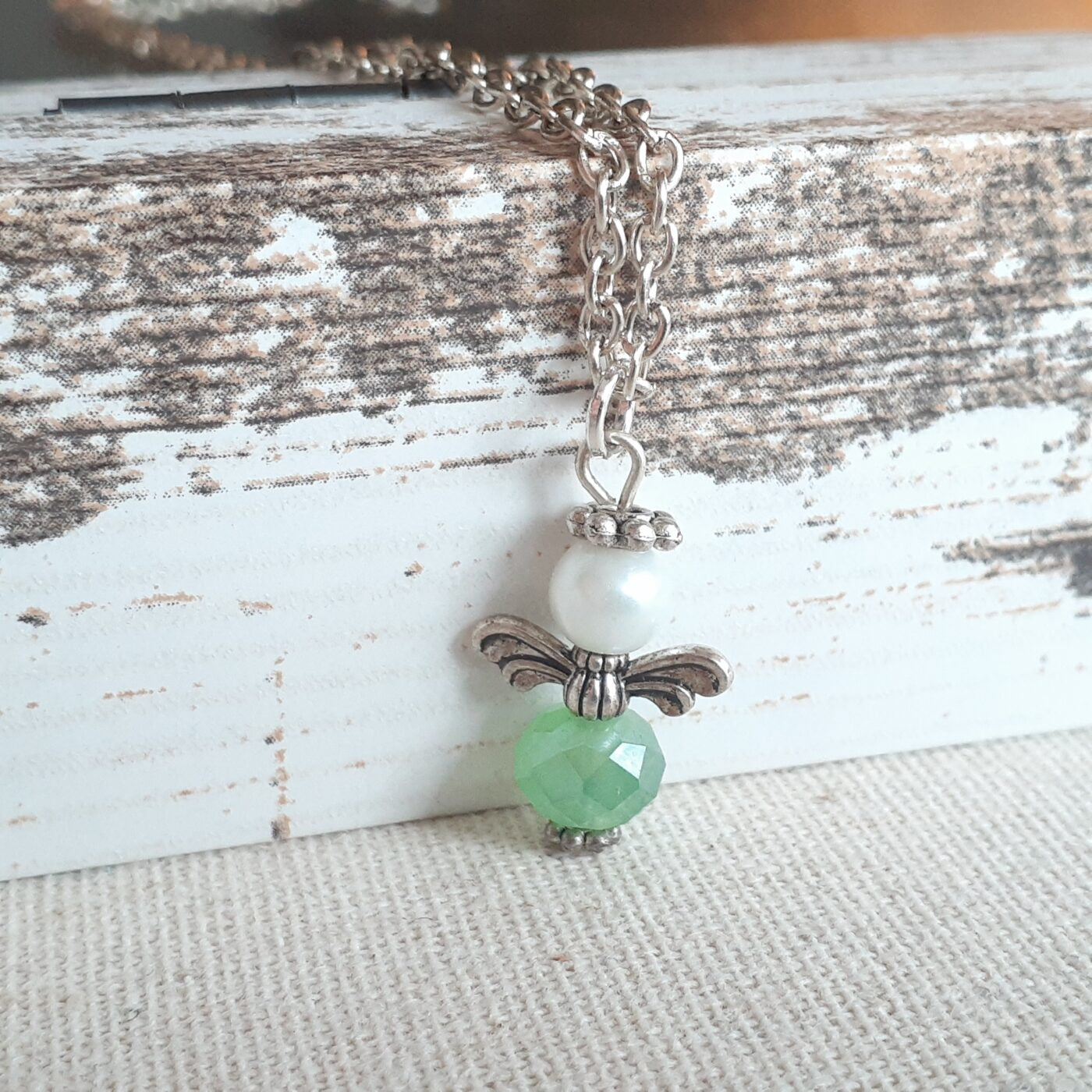 Soft Moss Green Faceted Czech Crystal Guardian Angel Charm on a Sterling Silver Chain Necklace