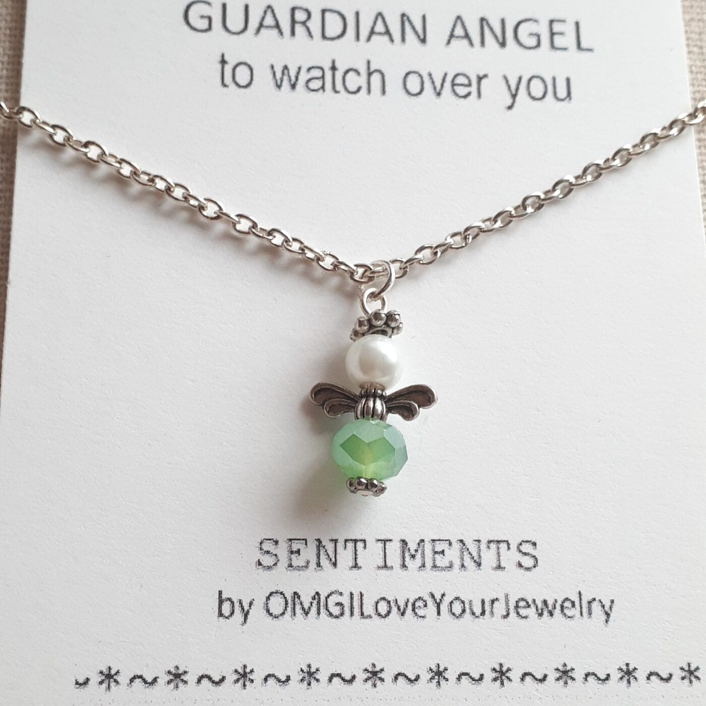 Soft Moss Green Faceted Czech Crystal Guardian Angel Charm on a Sterling Silver Chain Necklace